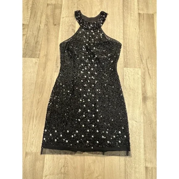 Mori Lee Glam Vintage Mini Halter Sequin Dress Beaded Silver Size 6 - Picture 3 of 9